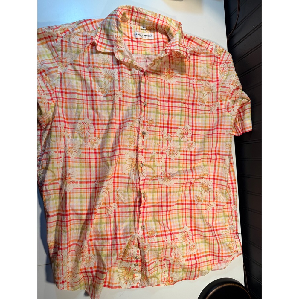 Guy Laroche Paris Mens Short Sleeve Plaid Floral Button Up Shirt Orange Size 4